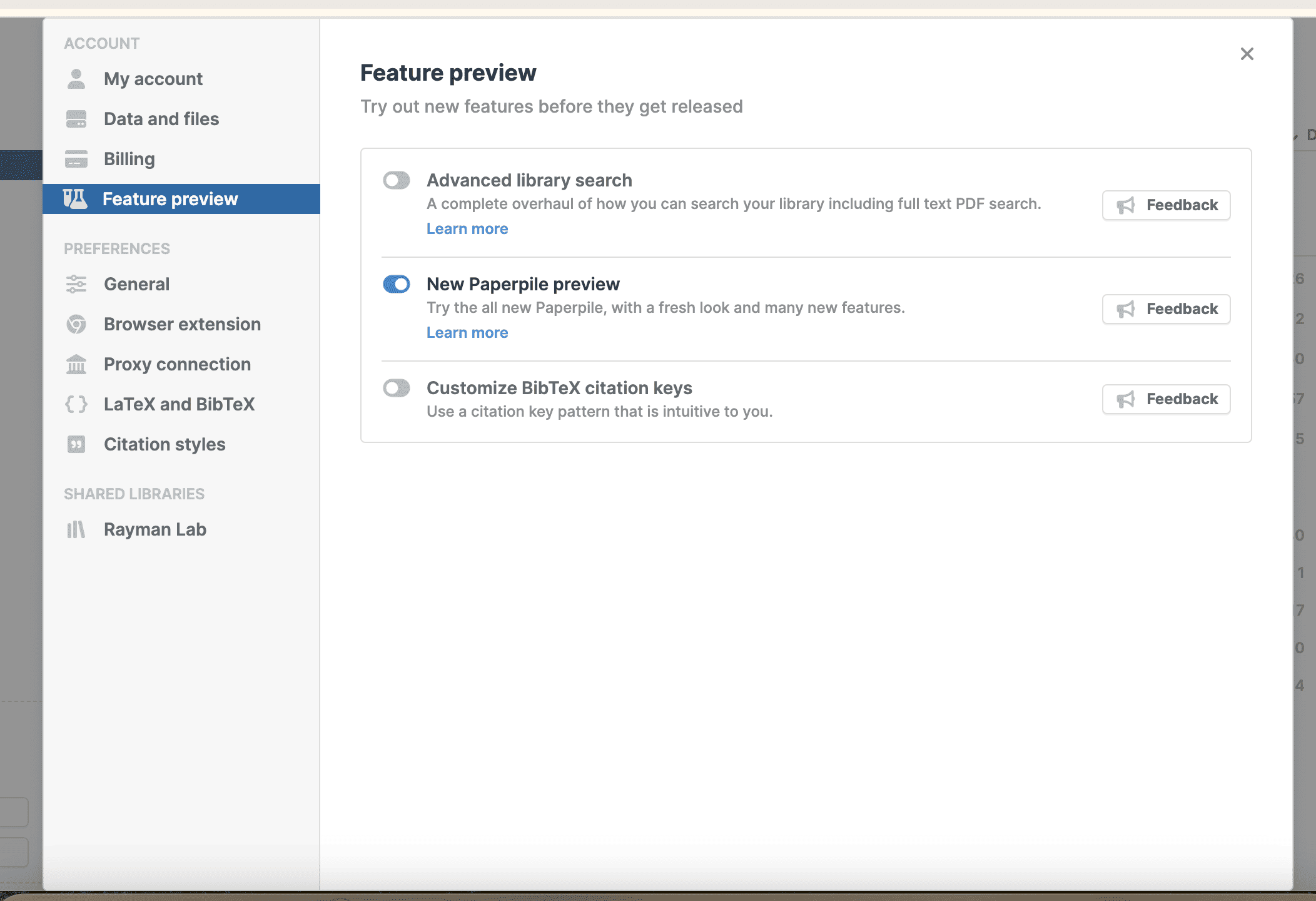 Settings with Feature preview selected, listing Advanced library search, New Paperpile preview (switched on) and Customize BibTeX citation keys, each with a toggle, a short description and a Feedback button.